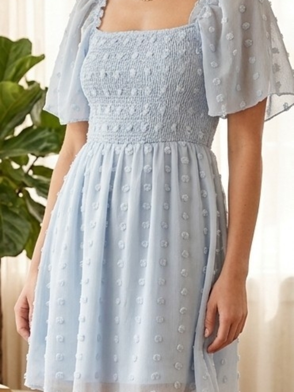 Light Blue Swiss Dot Smocked Mini Dress